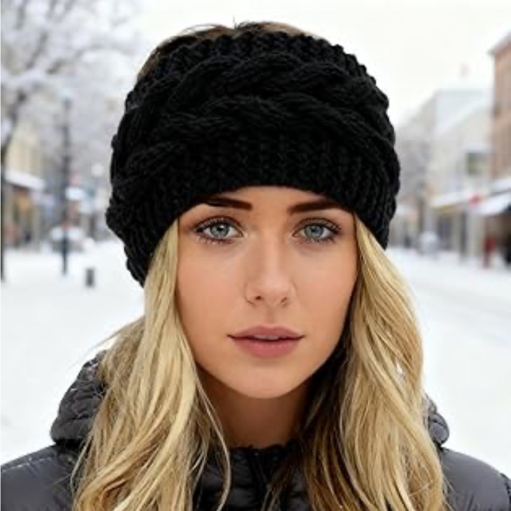 Black textured cable knit winter headband ear warmer hat one size